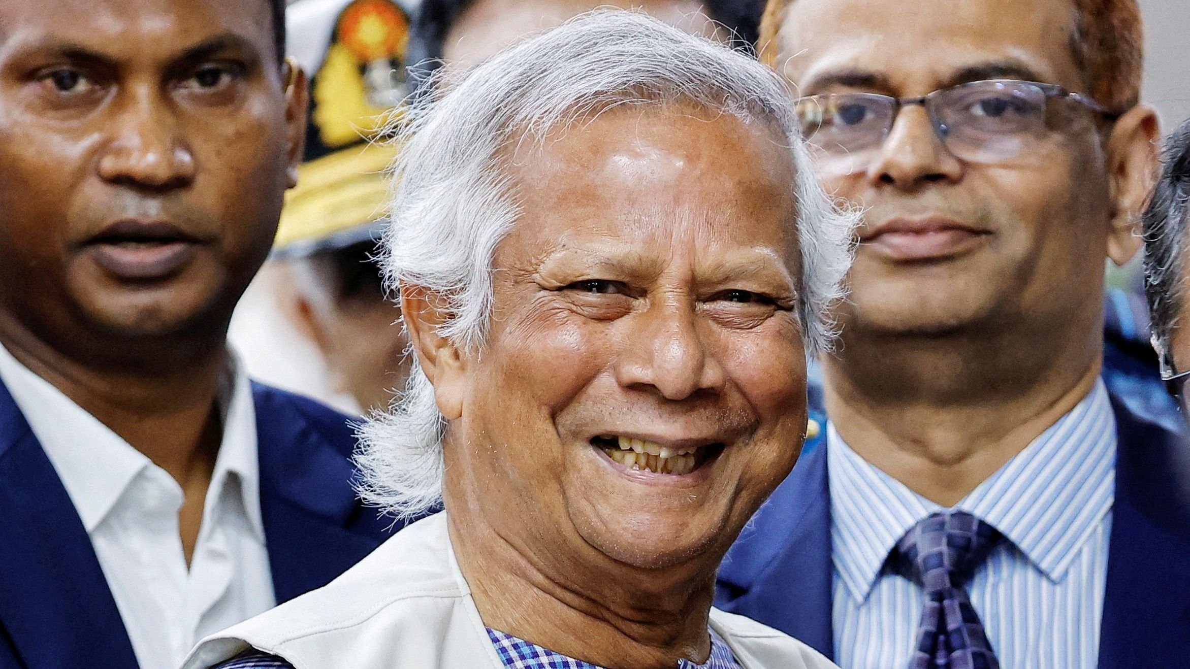 <div class="paragraphs"><p>Nobel laureate Muhammad Yunus, attends a press briefing along with student leaders after arriving at the Hazarat Shahjalal International Airport, in Dhaka.</p></div>